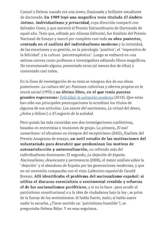 En recuerdo a nuestra compañera Helena Béjar, brillante analista del individualismo moderno. Por Emilio Lamo de Espinosa - 2